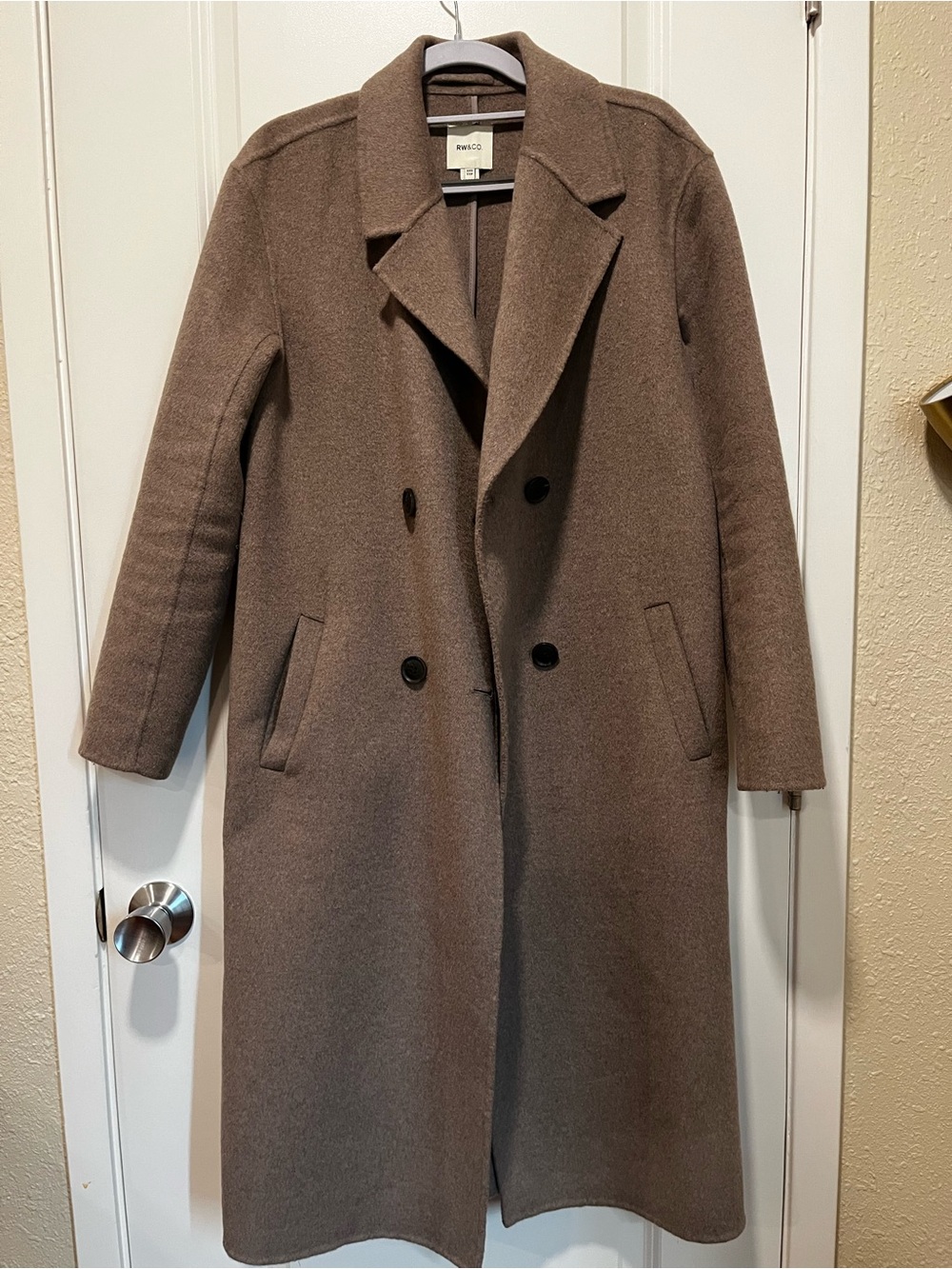 RW&CO. Double-Breasted Wool-Blend Pea Coat in Taupe Brown